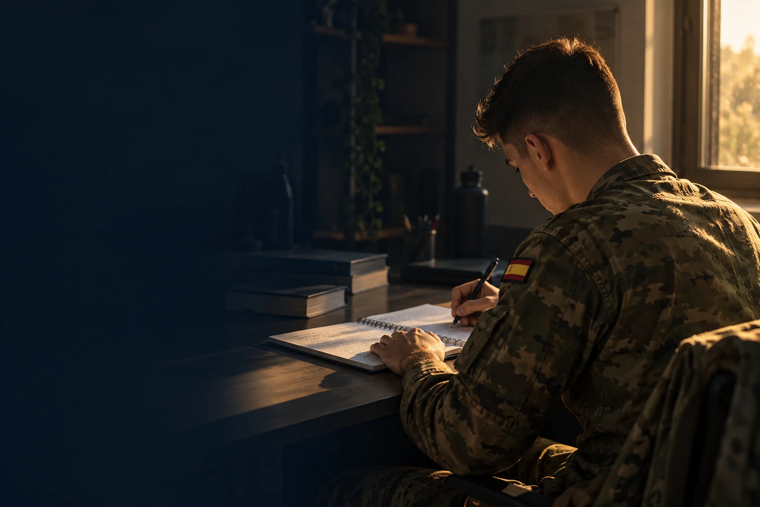 Militar estudiando junto a una ventana